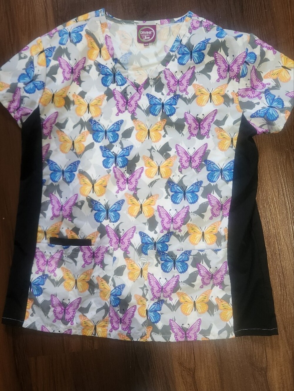 Butterfly Print Scrub Top - White with Blue, Purple & Yellow Butterflies